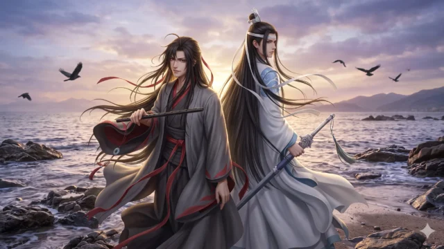 『魔道祖師』の見る順番やメディアの違いを解説する記事のアイキャッチ画像（黒い衣装で笛を持つ魏無羨と、白い衣装で剣を持つ藍忘機が夕暮れの海辺に佇むイラスト）