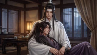 『魔道祖師』の結末・黒幕・死亡キャラのネタバレ解説記事のアイキャッチ画像（静室で寄り添い合う魏無羨と藍忘機の美しい公式ハッピーエンドのイメージイラスト）