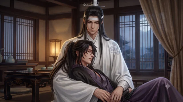 『魔道祖師』の結末・黒幕・死亡キャラのネタバレ解説記事のアイキャッチ画像（静室で寄り添い合う魏無羨と藍忘機の美しい公式ハッピーエンドのイメージイラスト）