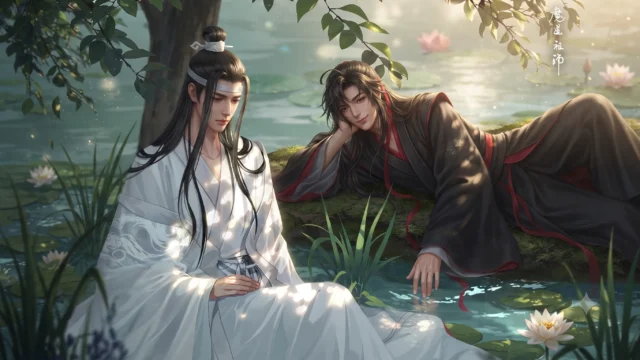 『魔道祖師』の忘羨（魏無羨・藍忘機）の恋愛・公式設定を解説するアイキャッチ画像。蓮の花が咲く水辺で過ごす二人のイラスト。